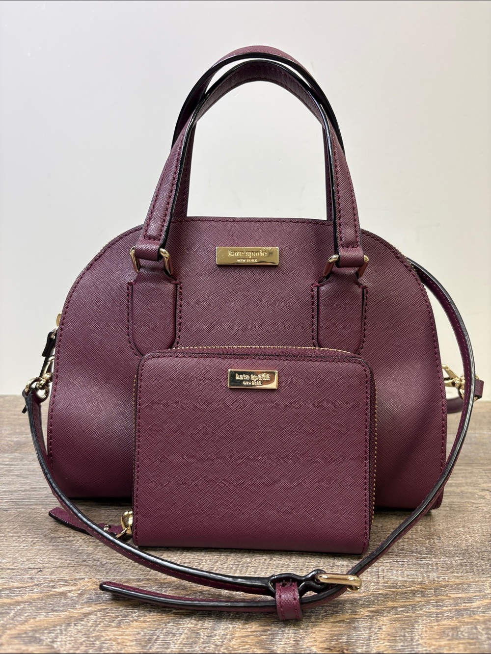 Kate Spade New York Burgundy Saffiano Satchel Crossbody Bag + Wallet Set